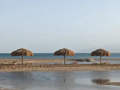 three straw umbrellas and benches on a beach at Magical Cabana Steps From Beach & Pool in Hurghada