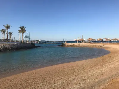 a sandy beach with palm trees and the ocean at hotel mirage aqua park in Hurghada