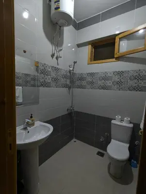 a small bathroom with a toilet and a sink at Pharaohs Apartments in Luxor