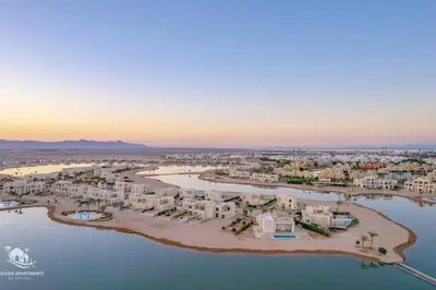 an aerial view of an island in the water at Charming 2-Lvl 3BR Lagoon Home in Shedwan El Gouna, Pool Access in Hurghada
