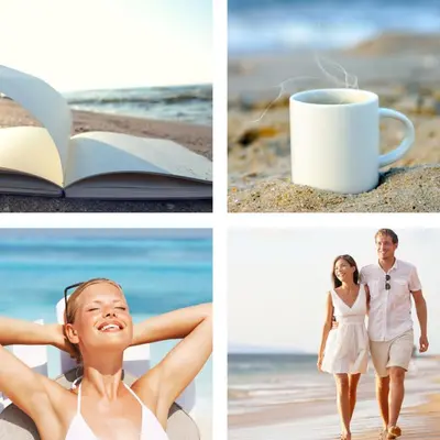 a collage of photos of people on the beach at Beautiful apartment with roof terrace in Joubal in Hurghada
