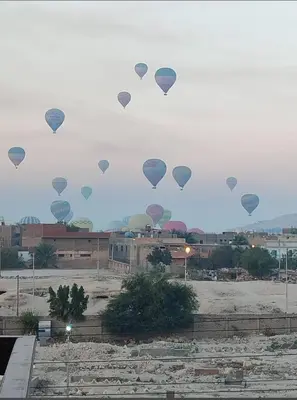 a bunch of hot air balloons flying in the sky at Carter Guesthouse Luxor 2 in ‘Ezbet Abu Ḥabashi
