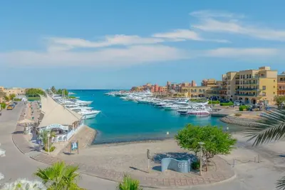 a view of a marina with boats in the water at Luxury apartment on the Marina in Hurghada