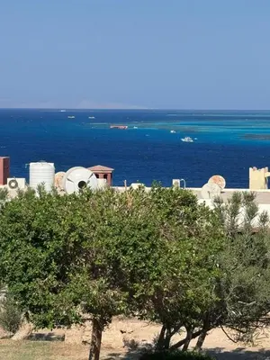 a view of the ocean from a house with a tree at Mastaba Village Hurgada House in Hurghada