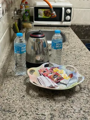 a plate of food on a counter next to water bottles at Luxe Nest Luxor Serviced Apartments 101 in Luxor