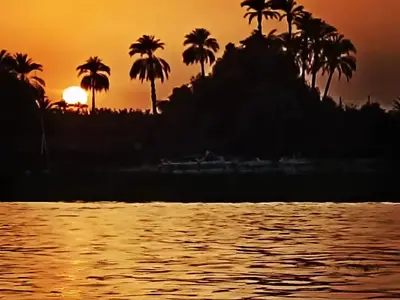 a sunset over a body of water with palm trees at Nanis Guest House Nile View in Luxor