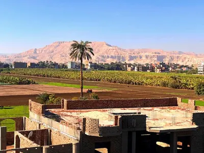 a view of a desert with a palm tree and mountains at Amenti House - Private Villa & Retreat Center in Luxor