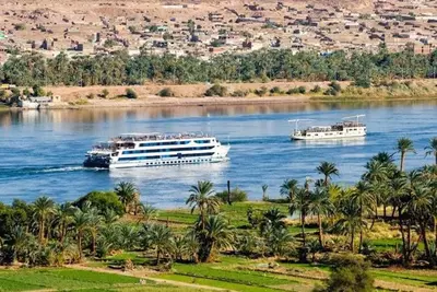 two boats floating on a river with palm trees at Nile Cruise 3 nights From Aswan to Luxor in Aswan