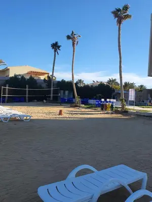 a blue bench sitting on the beach with palm trees at Juliana Beach Resort AG01 in Hurghada