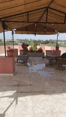 a patio with benches and puddles on the ground at villa on Nile in Luxor