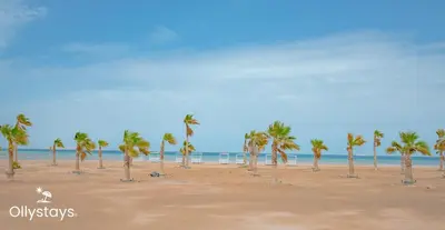 a man running on a beach with palm trees at Ollystays Mangroovy Seaview 2BR Beach and Pool Free access in Hurghada