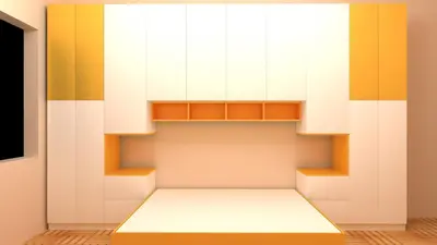 an empty kitchen with white and orange cabinets at Marina 2 bedroom flat in Hurghada