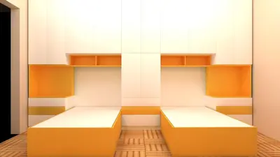 an empty room with orange and white shelves at Marina 2 bedroom flat in Hurghada
