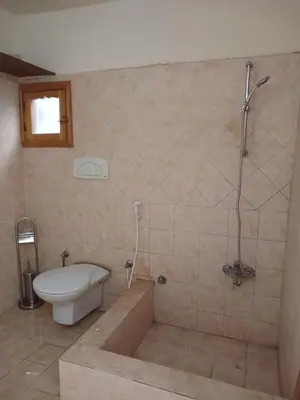 a bathroom with a shower and a toilet and a tub at Habu view in Al Karnak