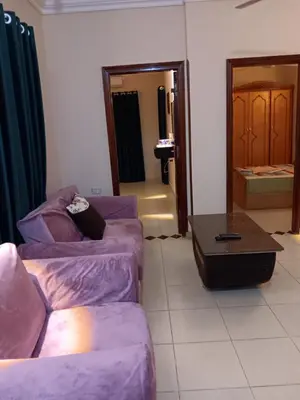 a living room with two purple couches and a mirror at Dream sea Apartment in Hurghada
