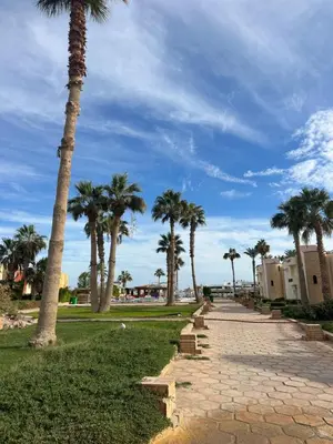 a park with palm trees and a walkway at Mashrabiya hotel in Hurghada