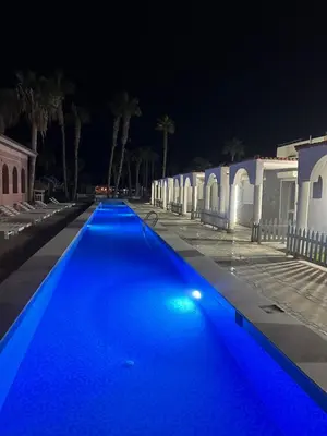 a blue swimming pool at night with palm trees at Mashrabiya hotel in Hurghada