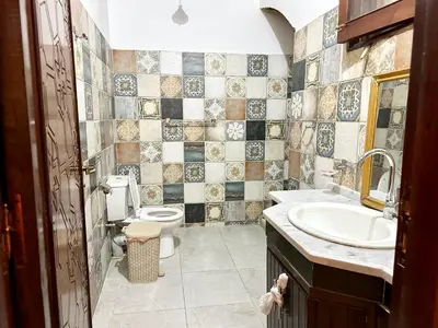 a bathroom with a sink and a toilet at Sheherazade Hotel Nile Villa in Luxor