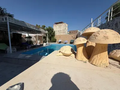 a shadow of a person standing next to a swimming pool at Sylvie guest house I in Luxor