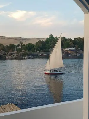 a small boat with a white sail on the water at Nile Bride in Aswan