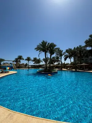 a large blue swimming pool with palm trees in the background at Cozy Sunny Studio with Pool View - Sahl Hasheesh in Hurghada