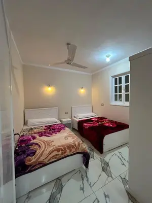 a bedroom with two beds and a ceiling at The Nile flat in Luxor