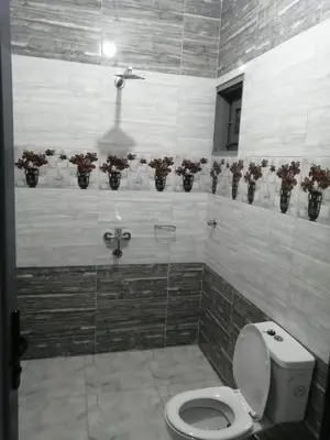 a bathroom with a toilet and flowers on the wall at Lutos Flower Apartment in Luxor