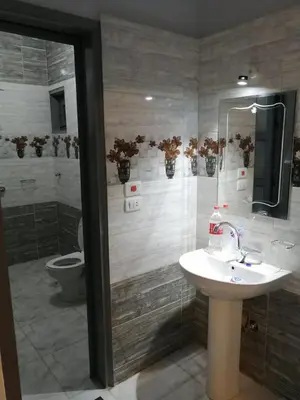 a bathroom with a sink and a shower with a toilet at Lutos Flower Apartment in Luxor