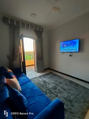 a person laying on a blue couch in a living room at Lutos Flower Apartment in Luxor