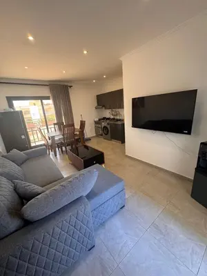 a living room with a blue couch and a flat screen tv at Aqua blue bay in Hurghada