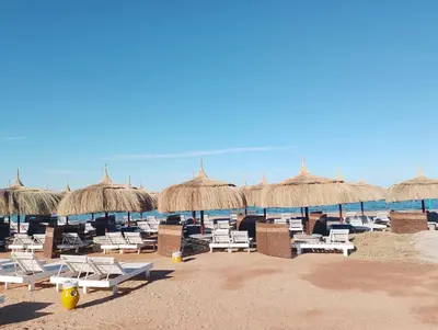 a beach with chairs and straw umbrellas and the ocean at Fanadir bay compound in Hurghada