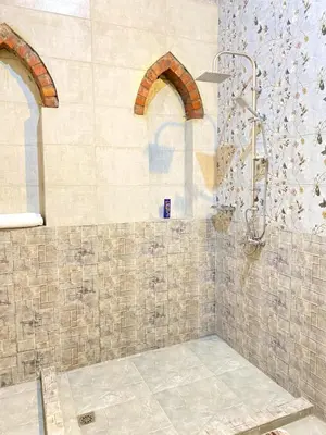 a shower in a bathroom with two arched windows at ELamir house in Al Aqālitah