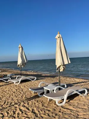 a row of lounge chairs and umbrellas on a beach at Mangroovy- 1br Imposing, Relaxing & Sea View in Hurghada