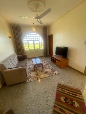 a living room with a couch and a tv at Flat in Kom in Luxor