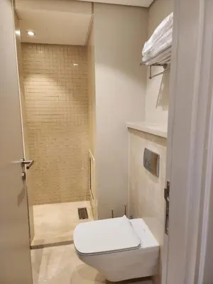 a bathroom with a toilet and a shower at Elgouna - Mangroovy 2BR - Pool & Sea view in Hurghada