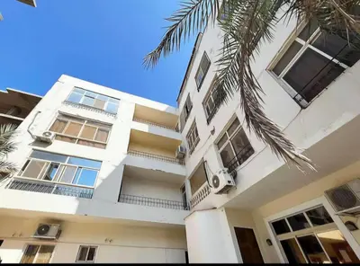 a white building with windows and a palm tree at Cozy studio near by the beach - Intercontinental in Hurghada