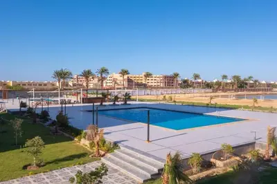 an overhead view of a swimming pool in a resort at Scandic resort hurghada in Hurghada
