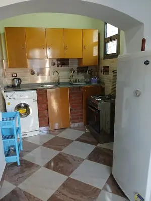 a kitchen with a washer and a sink and a refrigerator at Nile Rose Hause in Al Karnak