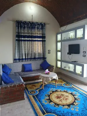 a living room with a couch and a tv at Nile Rose Hause in Al Karnak