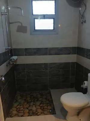 a bathroom with a toilet and a shower with a window at Nile Rose Hause in Al Karnak