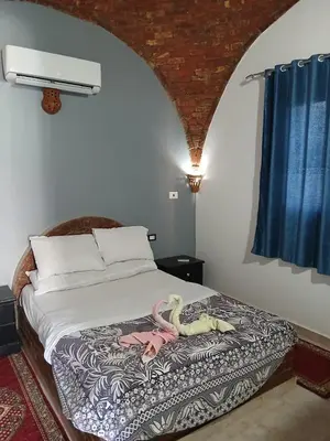 a bedroom with a bed with a dinosaur on it at Nile Rose Hause in Al Karnak