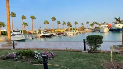 aockedocked boats in a marina with palm trees at comfort marina 5 apartment,s in Hurghada