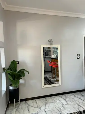 a mirror on a white wall with a potted plant at Oscar Apartment 9 in Luxor