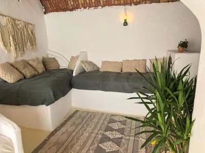 a living room with two beds and a plant at Nala Narty Nubian House & Organic Farm in Aswan