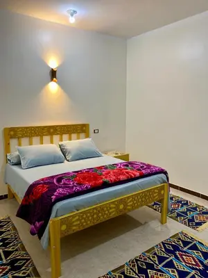 a bedroom with a large bed with purple sheets at King TuT house in Luxor
