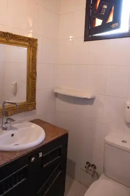 a bathroom with a sink and a toilet and a mirror at Laziza in Luxor