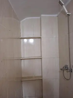 a bathroom with a shower with shelves on the wall at Ezba Guest House in Luxor