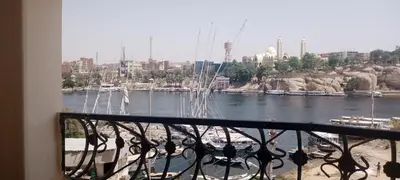 a view of a river from a balcony with birds at Nile palace in Jazīrat Aswān