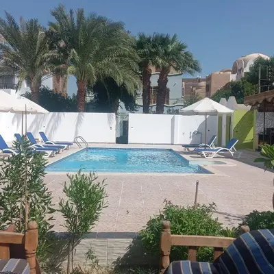 a swimming pool with chairs and umbrellas at El Fayrouz Villa in Luxor