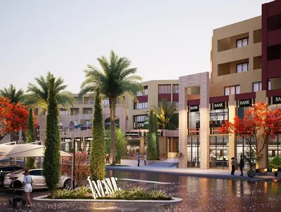 a rendering of a mall with palm trees and buildings at Studio in a touristic area - Al mamsha in Hurghada